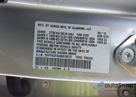 2019 Honda Ridgeline Rtl z USA, uszkodzony, nr VIN 5FPYK3F54KB018272